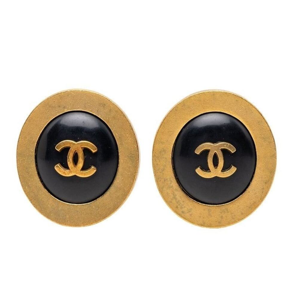 Chanel CC Logo Vintage Round Earrings 94A Engraved Gold Black Plated